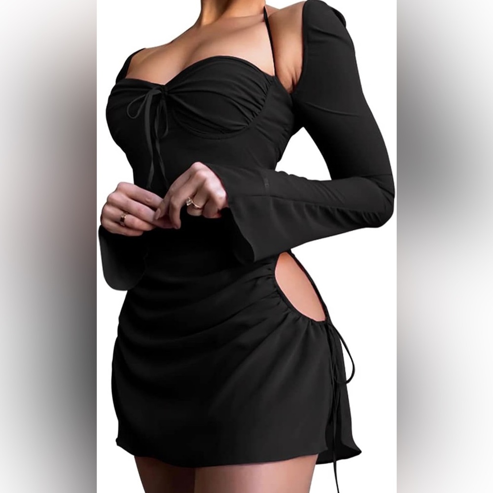Women's Long Puff Sleeve Mini Bodycon Mesh Dress Flattering Split Hem